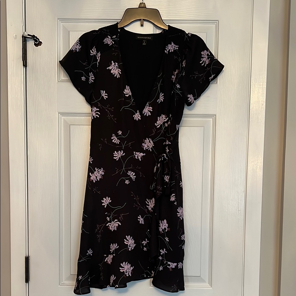 Banana Republic Floral Black and Light Purple Wrap Dress